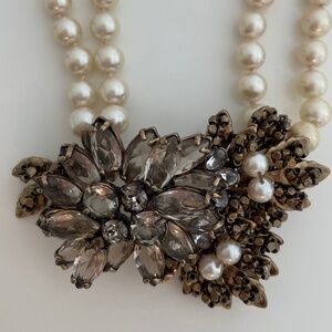Rare ~ J.Crew Double Pearl Strand/Crystal Broach Necklace
